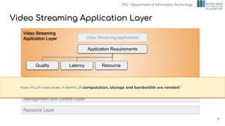 Video Streaming Application Layer
Management and Control Layer
Resource Layer
Video Streaming Applications
Application Requirements
Quality Latency Resource
Video Streaming
Application Layer
How much resources in terms of computation, storage and bandwidth are needed?
11
 