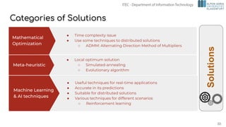 Categories of Solutions
Meta-heuristic
● Local optimum solution
○ Simulated-annealing
○ Evolutionary algorithm
Mathematical
Optimization
● Time complexity issue
● Use some techniques to distributed solutions
○ ADMM: Alternating Direction Method of Multipliers
Machine Learning
& AI techniques
● Useful techniques for real-time applications
● Accurate in its predictions
● Suitable for distributed solutions
● Various techniques for different scenarios
○ Reinforcement learning
Solutions
33
 