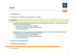 Agenda


• Problemstellung

• Theoretische Perspektive: Forschungsziel und –fragen

• Ergebnisse:

      – Die Rolle des Personalauswahlprozesses für die Markenbildung nach innen – betrachtet durch die
        Brille der Strukturationstheorie
           • Erweiterung des Gidden‘schen Modelles
           • Forschungsumfeld und angewandte Methoden
           • Forschungsergebnisse

      – Manifestation von Führung während der Markenbildung nach innen im interkulturellen Kontext–
        betrachtet durch die Brille der Strukturationstheorie
          • Erweiterung des Gidden‘schen Modelles
          • Forschungsumfeld und angewandte Methoden
          • Forschungsergebnisse

• Beitrag zur Theorieentwicklung

• Zukünftige Forschungsfelder


Dr. Christine Vallaster                                                                               11
 