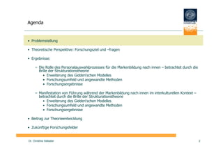 Agenda


• Problemstellung

• Theoretische Perspektive: Forschungsziel und –fragen

• Ergebnisse:

      – Die Rolle des Personalauswahlprozesses für die Markenbildung nach innen – betrachtet durch die
        Brille der Strukturationstheorie
           • Erweiterung des Gidden‘schen Modelles
           • Forschungsumfeld und angewandte Methoden
           • Forschungsergebnisse

      – Manifestation von Führung während der Markenbildung nach innen im interkulturellen Kontext –
        betrachtet durch die Brille der Strukturationstheorie
          • Erweiterung des Gidden‘schen Modelles
          • Forschungsumfeld und angewandte Methoden
          • Forschungsergebnisse

• Beitrag zur Theorieentwicklung

• Zukünftige Forschungsfelder


Dr. Christine Vallaster                                                                                  2
 