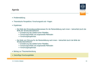Agenda


• Problemstellung

• Theoretische Perspektive: Forschungsziel und –fragen

• Ergebnisse:

      – Die Rolle des Personalauswahlprozesses für die Markenbildung nach innen – betrachtet durch die
        Brille der Strukturationstheorie
           • Erweiterung des Gidden‘schen Modelles
           • Forschungsumfeld und angewandte Methoden
           • Forschungsergebnisse

      – Die Rolle von Führung für die Markenbildung nach innen – betrachtet durch die Brille der
        Strukturationstheorie
           • Erweiterung des Gidden‘schen Modelles
           • Forschungsumfeld und angewandte Methoden
           • Forschungsergebnisse

• Beitrag zur Theorieentwicklung

• Zukünftige Forschungsfelder


Dr. Christine Vallaster                                                                              23
 