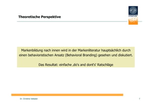 Theoretische Perspektive




  Markenbildung nach innen wird in der Markenliteratur hauptsächlich durch
einen behavioristischen Ansatz (Behavioral Branding) gesehen und diskutiert.

                          Das Resultat: einfache ‚do‘s and dont‘s‘ Ratschläge




Dr. Christine Vallaster                                                         7
 