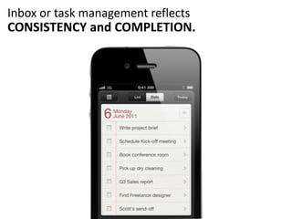 Inbox	
  or	
  task	
  management	
  reflects	
   
CONSISTENCY  and  COMPLETION.
 