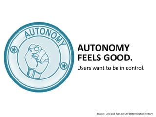 Users	
  want	
  to	
  be	
  in	
  control.
AUTONOMY  
FEELS  GOOD.
Source:	
  	
  Deci	
  and	
  Ryan	
  on	
  Self-­‐Determination	
  Theory
 
