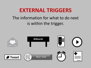 EXTERNAL  TRIGGERS 
The	
  information	
  for	
  what	
  to	
  do	
  next	
  	
  
is	
  within	
  the	
  trigger.
Billboards SO
DA
 