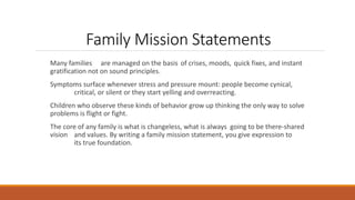 Family Mission Statements
Many families are managed on the basis of crises, moods, quick fixes, and instant
gratification not on sound principles.
Symptoms surface whenever stress and pressure mount: people become cynical,
critical, or silent or they start yelling and overreacting.
Children who observe these kinds of behavior grow up thinking the only way to solve
problems is flight or fight.
The core of any family is what is changeless, what is always going to be there-shared
vision and values. By writing a family mission statement, you give expression to
its true foundation.
 