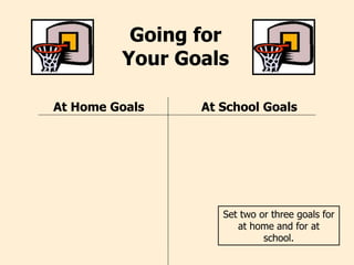 Going for
Your Goals
At Home Goals At School Goals
Set two or three goals for
at home and for at
school.
 