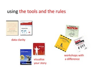 using the tools and the rules




  data clarity




                              workshops with
                 visualise    a difference
                 your story
 