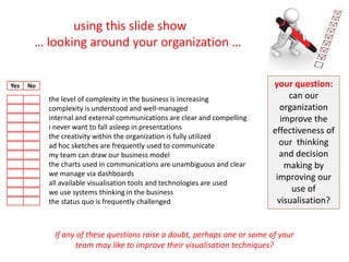 using this slide show
       … looking around your organization …


Yes   No                                                                   your question:
           the level of complexity in the business is increasing                can our
           complexity is understood and well-managed                          organization
           internal and external communications are clear and compelling      improve the
           i never want to fall asleep in presentations
                                                                           effectiveness of
           the creativity within the organization is fully utilized
           ad hoc sketches are frequently used to communicate                our thinking
           my team can draw our business model                               and decision
           the charts used in communications are unambiguous and clear         making by
           we manage via dashboards
                                                                            improving our
           all available visualisation tools and technologies are used
           we use systems thinking in the business                               use of
           the status quo is frequently challenged                           visualisation?


            If any of these questions raise a doubt, perhaps one or some of your
                  team may like to improve their visualisation techniques?
 