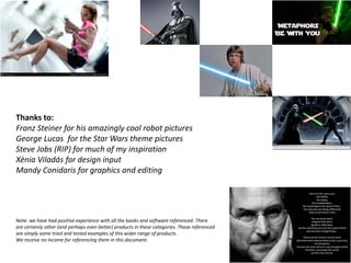 Thanks to:
Franz Steiner for his amazingly cool robot pictures
George Lucas for the Star Wars theme pictures
Steve Jobs (RIP) for much of my inspiration
Xènia Viladás for design input
Mandy Conidaris for graphics and editing




Note: we have had positive experience with all the books and software referenced. There
are certainly other (and perhaps even better) products in these categories. Those referenced
are simply some tried and tested examples of this wider range of products.
We receive no income for referencing them in this document.
 