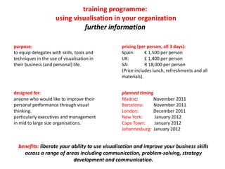 training programme:
                     using visualisation in your organization
                               further information

purpose:                                        pricing (per person, all 3 days):
to equip delegates with skills, tools and       Spain:      € 1,500 per person
techniques in the use of visualisation in       UK:         £ 1,400 per person
their business (and personal) life.             SA:         R 18,000 per person
                                                (Price includes lunch, refreshments and all
                                                materials).


designed for:                                   planned timing
anyone who would like to improve their          Madrid:       November 2011
personal performance through visual             Barcelona:     November 2011
thinking.                                       London:       December 2011
particularly executives and management          New York:      January 2012
in mid to large size organisations.             Cape Town:     January 2012
                                                Johannesburg: January 2012


  benefits: liberate your ability to use visualisation and improve your business skills
    across a range of areas including communication, problem-solving, strategy
                           development and communication.
 