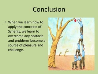 Conclusion
• When we learn how to
  apply the concepts of
  Synergy, we learn to
  overcome any obstacle
  and problems become a
  source of pleasure and
  challenge.
 