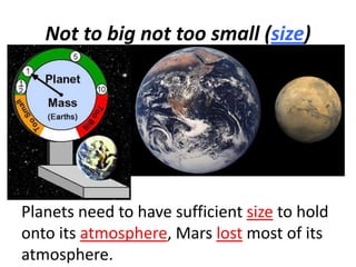 Not to big not too small (size)

Planets need to have sufficient size to hold
onto its atmosphere, Mars lost most of its
atmosphere.

 