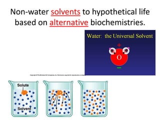 Non-water solvents to hypothetical life
based on alternative biochemistries.

 