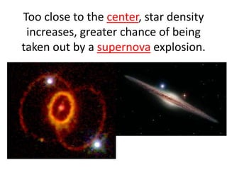 Too close to the center, star density
increases, greater chance of being
taken out by a supernova explosion.

 