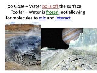 Too Close – Water boils off the surface
Too far – Water is frozen, not allowing
for molecules to mix and interact

 