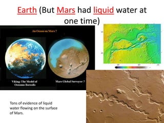 Earth (But Mars had liquid water at
one time)

Tons of evidence of liquid
water flowing on the surface
of Mars.

 