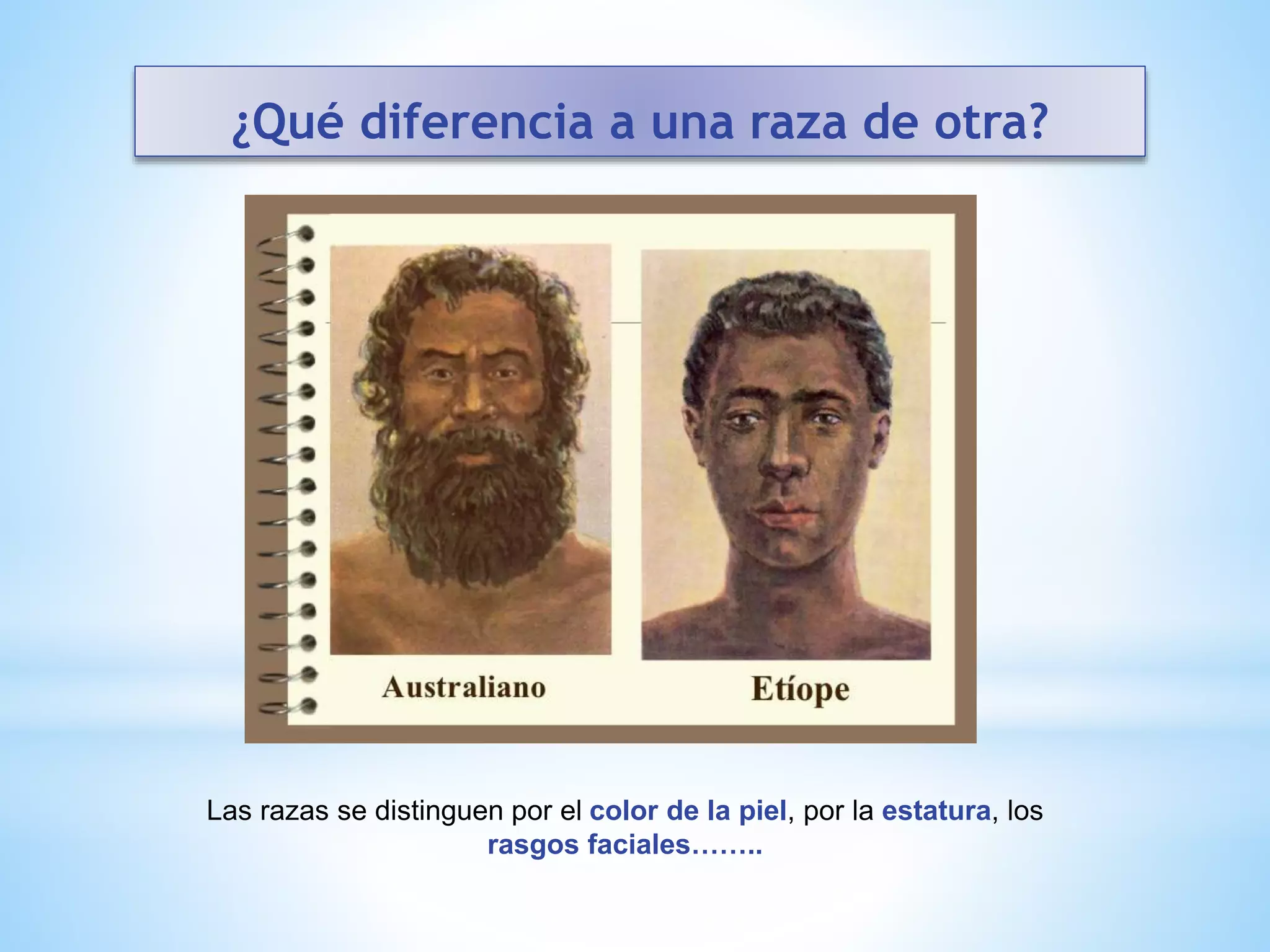 ¿Qué diferencia a una raza de otra?
Las razas se distinguen por el color de la piel, por la estatura, los
rasgos faciales……..
 