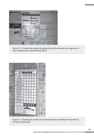 49
O processo de planejamento de canteiros de obras
Figura 3.6 - Exemplo de quadro de apresentação de resultados do Programa 5S
cuja compreensão é relativamente difícil
Figura 3.7 - Exemplo de quadro de apresentação de resultados do Programa 5S
de fácil compreensão
 