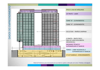 TO ÁTICO E CASA DE MÁQUINASMENT
21º PAVTO – LAZER
DIM
TORRE "B" 20 PAVIMENTOS
EEN
TORRE "B" – 20 PAVIMENTOS
TORRE "A" – 20 PAVIMENTOS
MPR
TORRE  A  – 20 PAVIMENTOS
O EM
ESCULTURA – IRMÃOS CAMPANA
OS DOADO
1º PAVTO – PAVTO TIPO E  
ÁREA DE LAZER DESCOBERTA 
DA
MEZANINO TÉCNICO E 
(RESIDENCIAL)
SUPERMERCADO ST MARCHE 
TÉRREO LOBBY RESIDENCIAL ETÉRREO – LOBBY RESIDENCIAL E 
SUPERMERCADO ST MARCHE
1º A 4º SUBSOLO – ESTACIONAMENTO
Material Preliminar para treinamento de uso interno sujeito a alteração sem aviso. Proibida a divulgação.
 