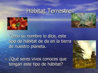 Hábitat Terrestre Como su nombre lo dice, este tipo de hábitat de da en la tierra de nuestro planeta. ¿Qué seres vivos conoces que tengan este tipo de hábitat?