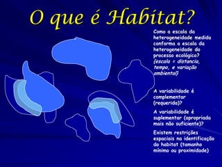 O que é Habitat?
            Como a escala da
            heterogeneidade medida
            conforma a escala da
            heterogeneidade do
            processo ecológico?
            {escala = distancia,
            tempo, e variação
            ambiental}


            A variabilidade é
            complementar
            (requerida)?
            A variabilidade é
            suplementar (apropriada
            mais não suficiente)?
            Existem restrições
            espaciais na identificação
            do habitat (tamanho
            mínimo ou proximidade)
 