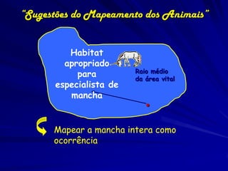 “Sugestões do Mapeamento dos Animais”


         Habitat
        apropriado
                        Raio médio
           para         da área vital
      especialista de
         mancha
                           •

      Mapear a mancha intera como
      ocorrência
 
