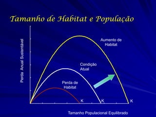 Tamanho de Habitat e População

                                                  Aumento de
  Perda Anual Sustentável




                                                    Habitat




                                       Condição
                                       Atual


                            Perda de
                             Habitat


                                       K          K              K


                              Tamanho Populacional Equilibrado
 