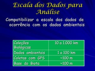 Escala dos Dados para
          Análise
Compatibilizar a escala dos dados de
 ocorrência com os dados ambientais



   Coleções           10 a 1.000 km
   Biológicas
   Dados ambientais    1 a 100 km
   Coletas com GPS       ~100 m
   Base do Biota         ~100 m
 