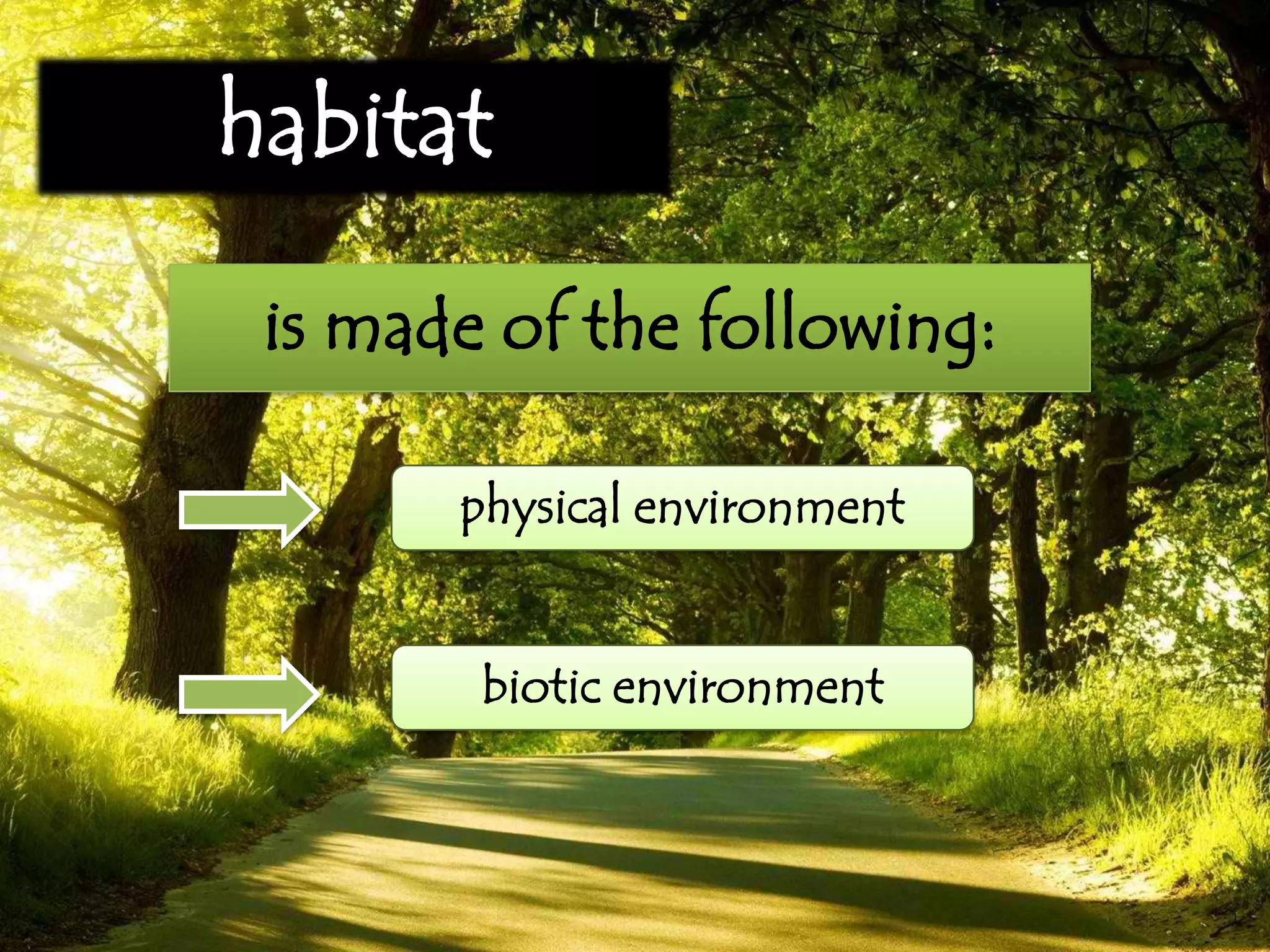 habitat
physical environment
biotic environment
 