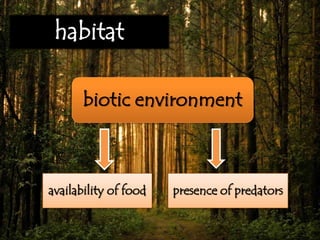 habitat
biotic environment
availability of food presence of predators
 