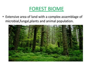 FOREST BIOME
• Extensive area of land with a complex assemblage of
microbial,fungal,plants and animal population.
 