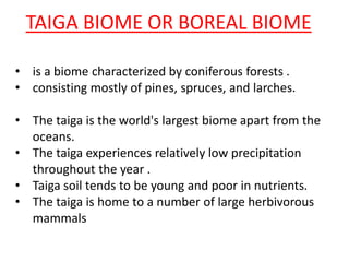 TAIGA BIOME OR BOREAL BIOME
• is a biome characterized by coniferous forests .
• consisting mostly of pines, spruces, and larches.
• The taiga is the world's largest biome apart from the
oceans.
• The taiga experiences relatively low precipitation
throughout the year .
• Taiga soil tends to be young and poor in nutrients.
• The taiga is home to a number of large herbivorous
mammals
 