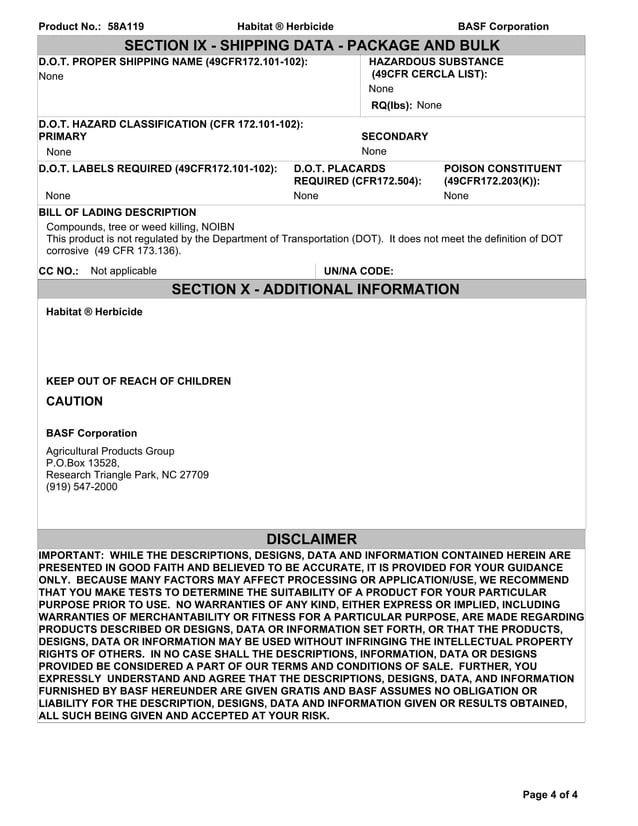 Habitat Herbicide Msds