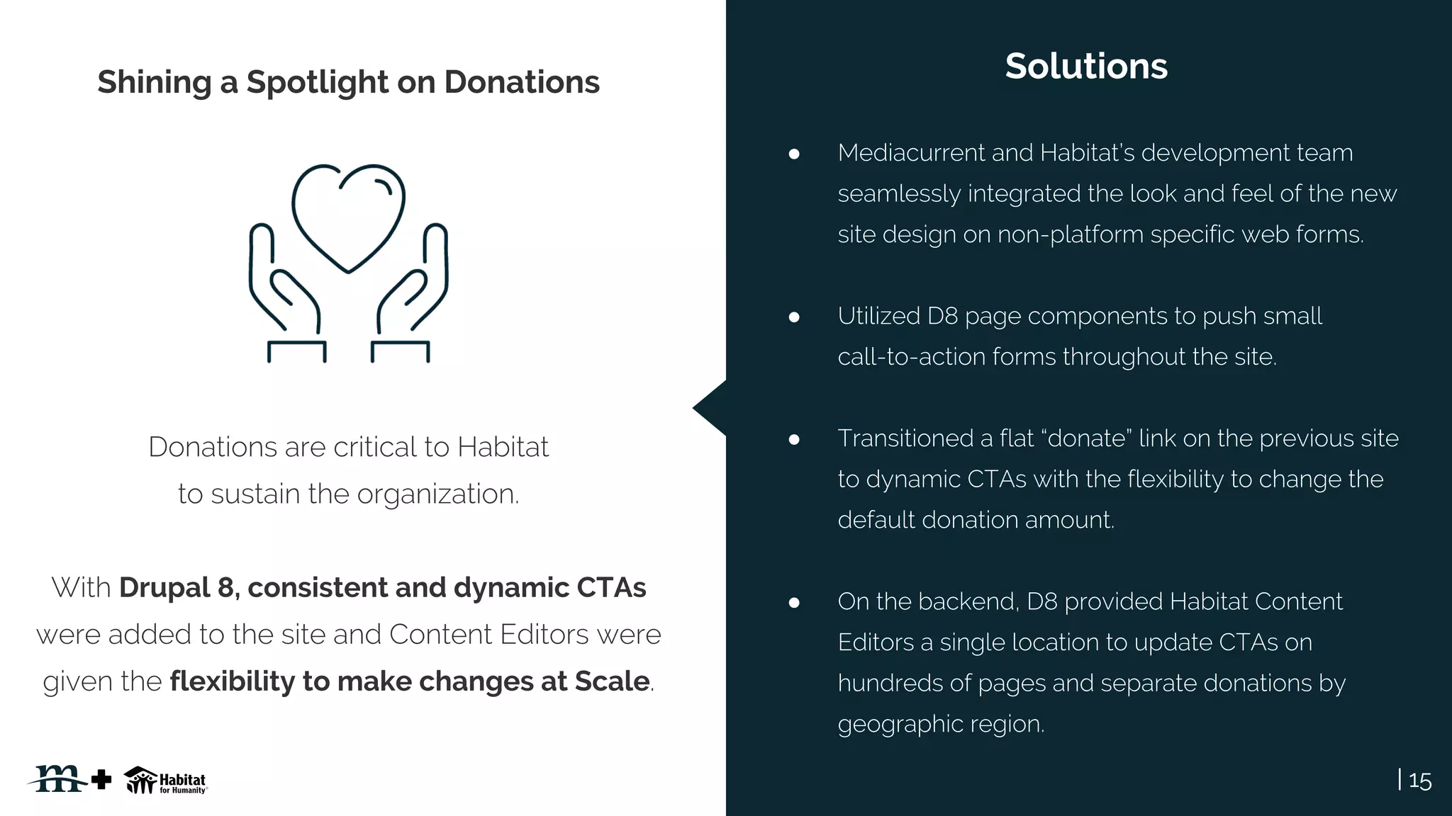 | 15
●
●
●
●
Shining a Spotlight on Donations
Drupal 8, consistent and dynamic CTAs
flexibility to make changes at Scale
Solutions
 