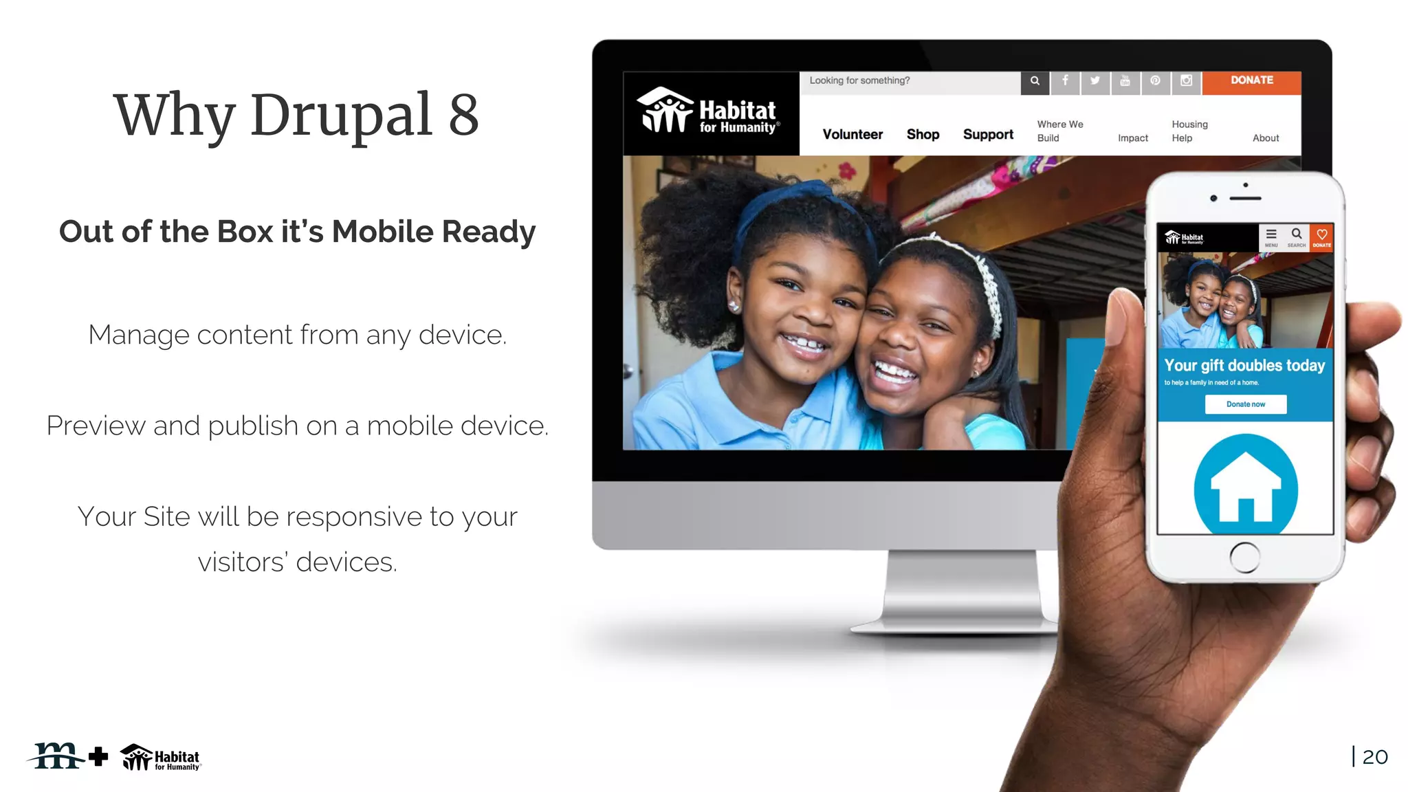 | 20
Why Drupal 8
Out of the Box it’s Mobile Ready
 