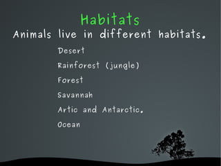 Habitats Animals live in different habitats. Desert