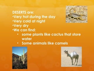 DESERTS are:
•Very hot during the day
•Very cold at night
•Very dry
•We can find:
  • some plants like cactus that store
     water
  • Some animals like camels
 