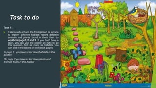Task to do
Task 1 :
 Take a walk around the front garden or terrace
to explore different habitats record different
animals and plants found in them then do
workbook page1, 2 and 3 ( If you don’t have a
lawn, you can use the picture on right to do
this question, find as many as habitats you
can and fill the tables on workbook pages
In page 1 , you have to list down habitats in this
garden
On page 3 you have to list down plants and
animals found in this habitat
 