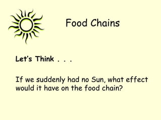 Food Chains
Let’s Think . . .
If we suddenly had no Sun, what effect
would it have on the food chain?

 