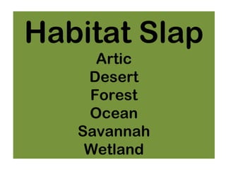 Habitat Slap
Artic
Desert
Forest
Ocean
Savannah
Wetland
 
