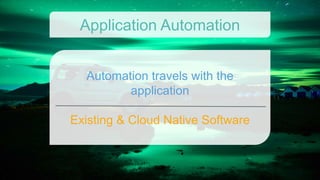 Automation travels with the
application
Existing & Cloud Native Software
Application Automation
 