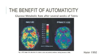 THE BENEFIT OF AUTOMATICITY
Glucose Metabolic Rate after several weeks of Tetris
Practice
Haier 1992
 
