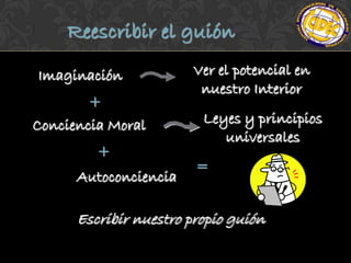 Reescribir el guión
Imaginación            Ver el potencial en
                        nuestro Interior
        +
Conciencia Moral         Leyes y principios
                            universales
         +
                        =
      Autoconciencia

      Escribir nuestro propio guión
 