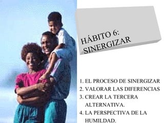 1. EL PROCESO DE SINERGIZAR 2. VALORAR LAS DIFERENCIAS 3. CREAR LA TERCERA  ALTERNATIVA. 4. LA PERSPECTIVA DE LA  HUMILDAD. HÁBITO 6: SINERGIZAR 
