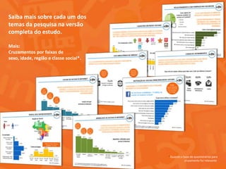 Saiba mais sobre cada um dos
temas da pesquisa na versão
completa do estudo.
Mais:
Cruzamentos por faixas de
sexo, idade, região e classe social*.
*Quando a base de questionários para
cruzamento for relevante.
 