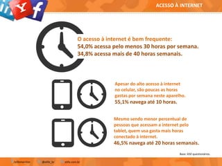 O acesso à internet é bem frequente:
54,0% acessa pelo menos 30 horas por semana.
34,8% acessa mais de 40 horas semanais.
Apesar do alto acesso à internet
no celular, são poucas as horas
gastas por semana neste aparelho.
55,1% navega até 10 horas.
Mesmo sendo menor percentual de
pessoas que acessam a internet pelo
tablet, quem usa gasta mais horas
conectado à internet.
46,5% navega até 20 horas semanais.
Base: 650 questionários.
/elifemonitor @elife_br elife.com.br
ACESSO À INTERNET
 