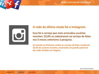 Base: 650 questionários.
/elifemonitor @elife_br elife.com.br
REDES SOCIAIS DE DESTAQUE
A rede da última moda foi o Instagram.
Esse foi o serviço que mais arrecadou usuários
recentes: 22,0% se cadastraram no serviço de fotos
nos 3 meses anteriores à pesquisa.
Se somado ao Pinterest, ambos os serviços de fotos receberam
33,3% de usuários recentes, mostrando um grande potencial
das redes focadas em imagens.
 