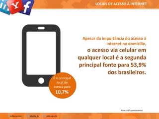LOCAIS DE ACESSO À INTERNET

Apesar da importância do acesso à
internet no domicílio,

o acesso via celular em
qualquer local é a segunda
principal fonte para 53,9%
dos brasileiros.
É o principal
local de
acesso para

10,7%

Base: 650 questionários.
/elifemonitor

@elife_br

elife.com.br

 