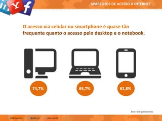 APARELHOS DE ACESSO À INTERNET

O acesso via celular ou smartphone é quase tão
frequente quanto o acesso pelo desktop e o notebook.

74,7%

65,7%

61,8%

Base: 650 questionários.
/elifemonitor

@elife_br

elife.com.br

 